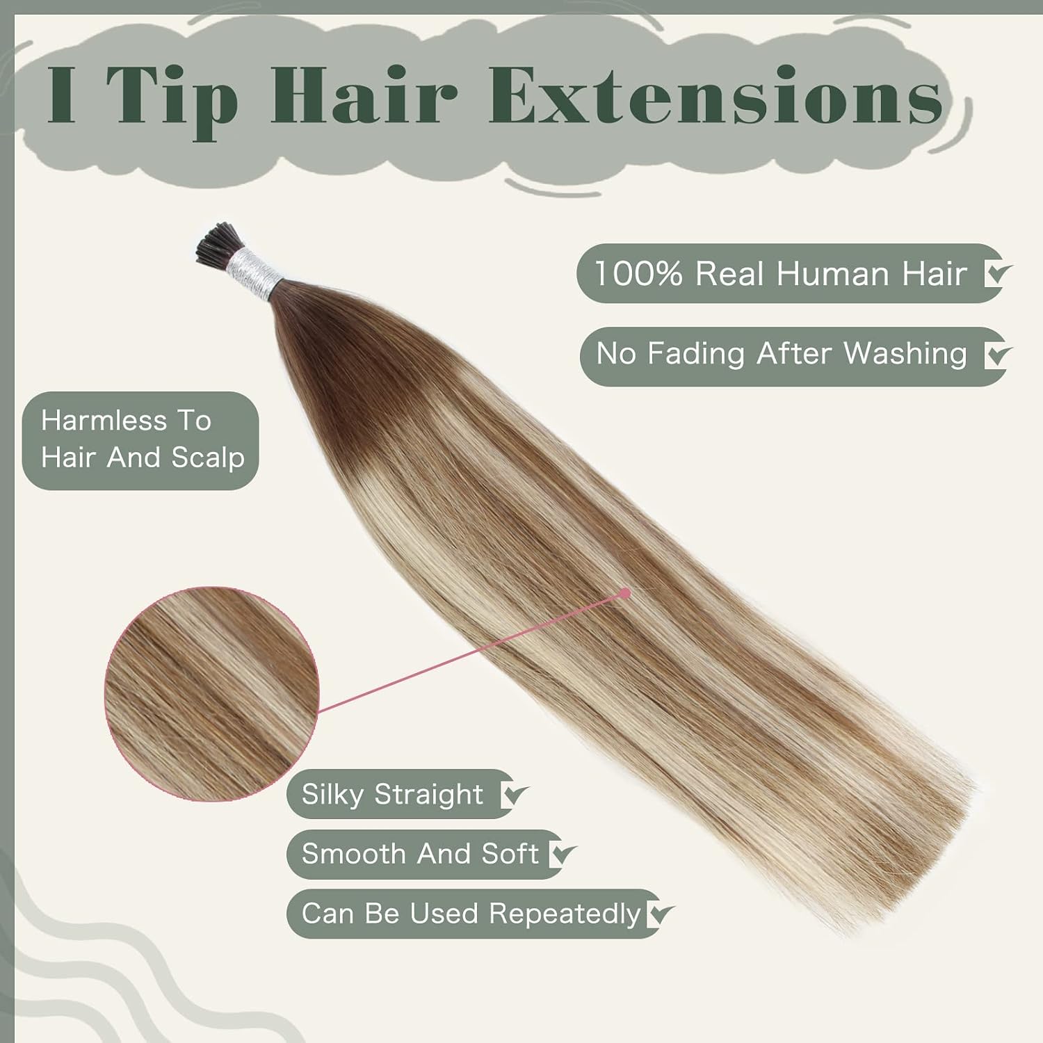 Sixstarhair ITip Hair Extensions Human Hair Ombre Chocolate Brown Fading to Chestnut Brown Highlight Bleached Blonde Color 4/6/613 Itip Balayage Hair Extension 22Inch Keratin Hair Extension 50g/Pack