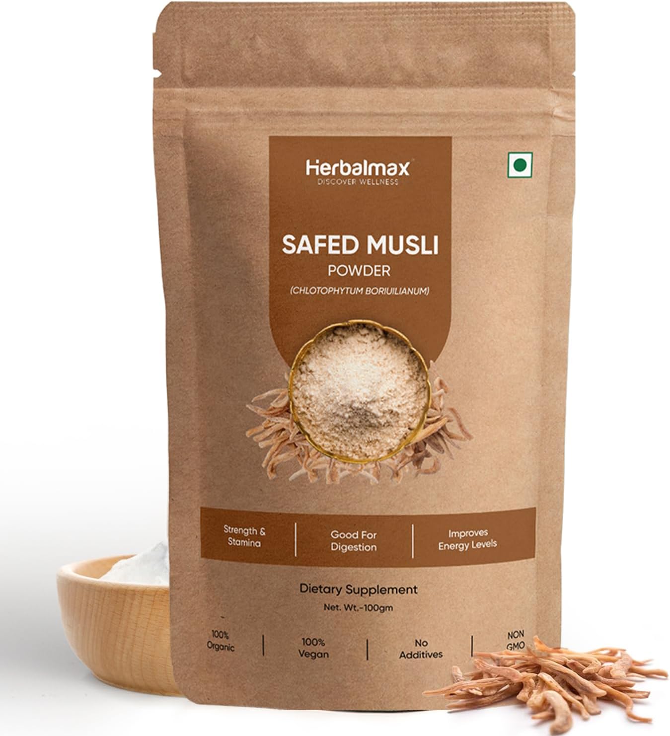 Herbal Max Organic Safed Musli Root Powder – 100g | Ayurvedic Supplement for Strength, Stamina, Vitality & Performance | Herbal Health Booster