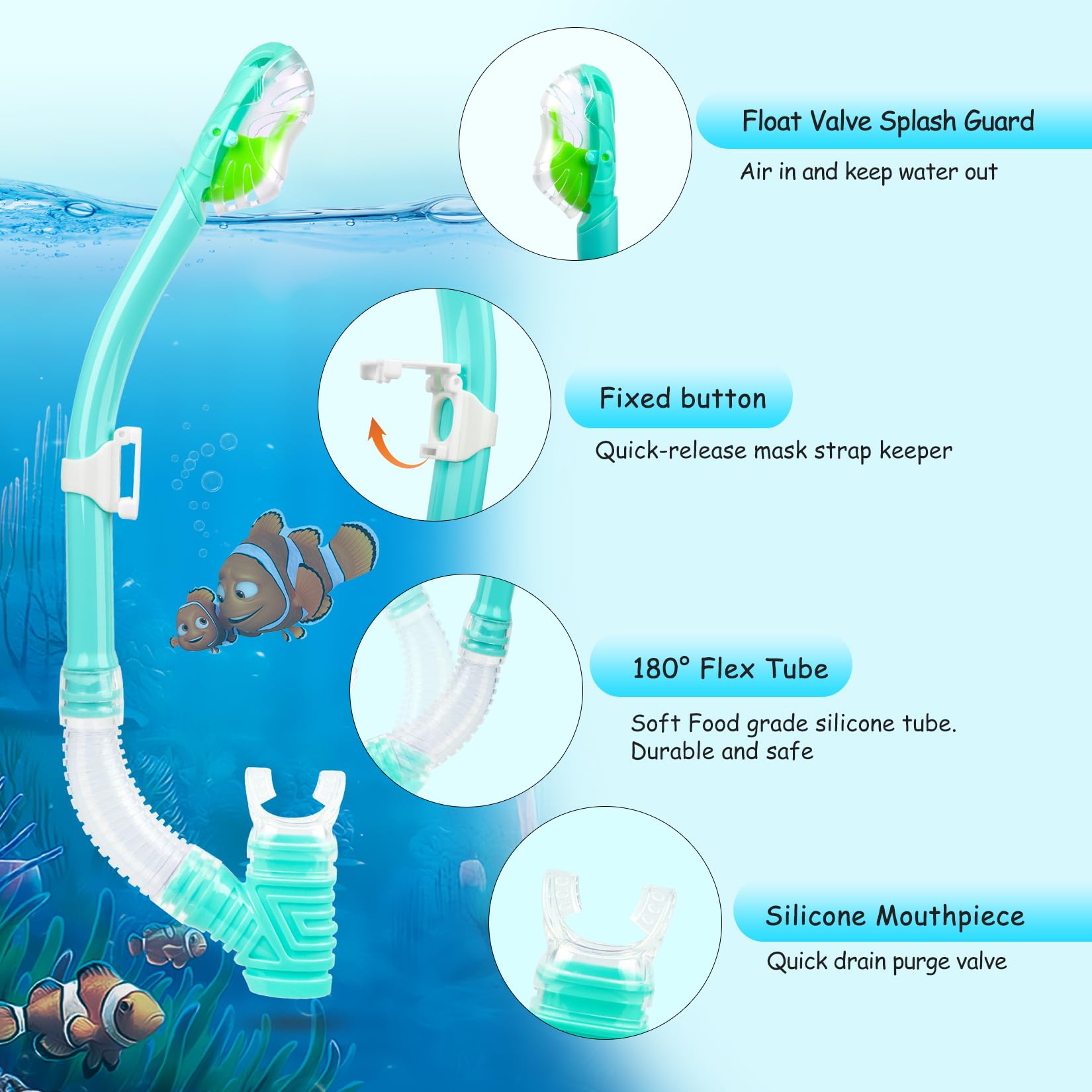Kids Snorkel Set, Child Diving Mask Anti-Fog Swimming Goggles Dry Snorkel Children Snorkeling Swimming Gear for Youth Boys Girls Age 4-14 (Aqua Set)