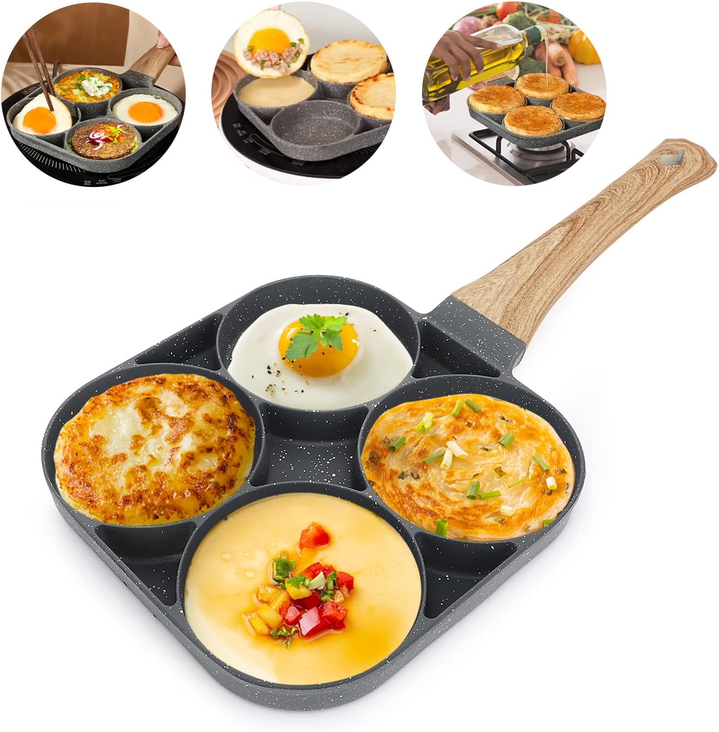 Poêle à 4 Compartiments – Pour œufs, Pancakes, Burgers, Compatible Induction Et Gaz !