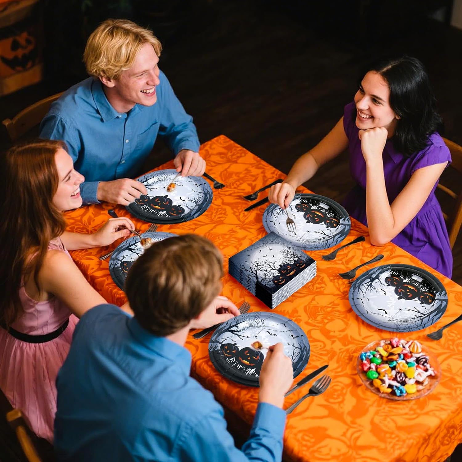 JarThenaAMCS 175Pcs Halloween Party Supplies Spooky Pumpkin Bat Tableware Set Disposable Dinnerware Round Paper Plates Napkins Cups Plastic Cutlery for 25 Guests