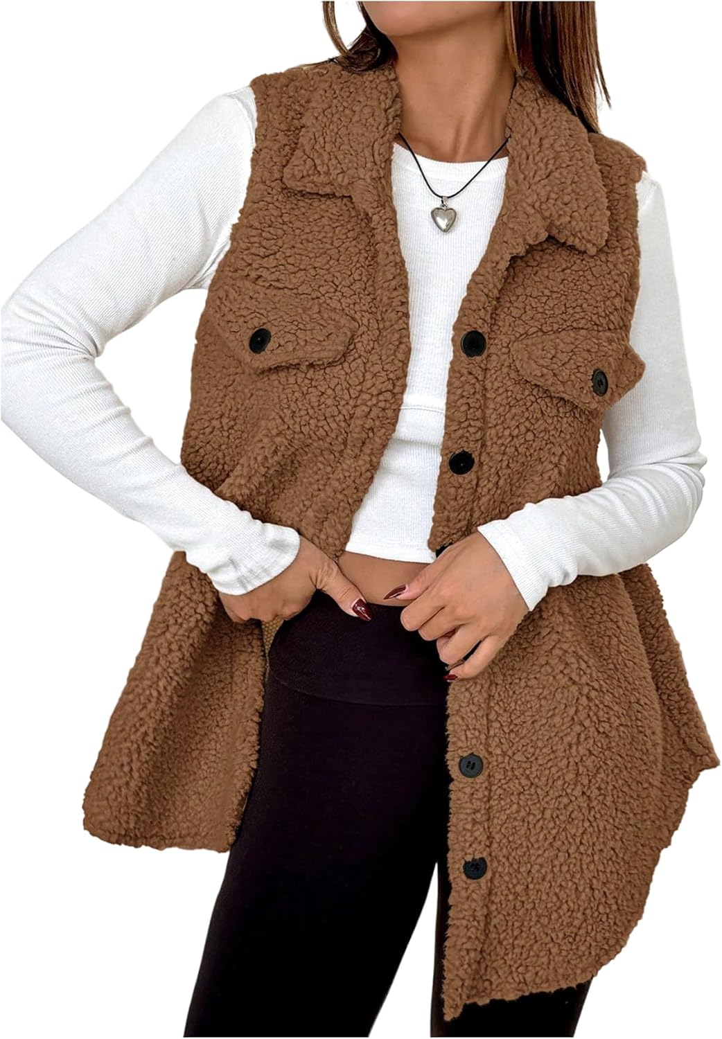 SHENHE Women's Sherpa Vest Button Down Collar Sleeveless Warm Fuzzy Fleece Sherpa Long Vest Coat