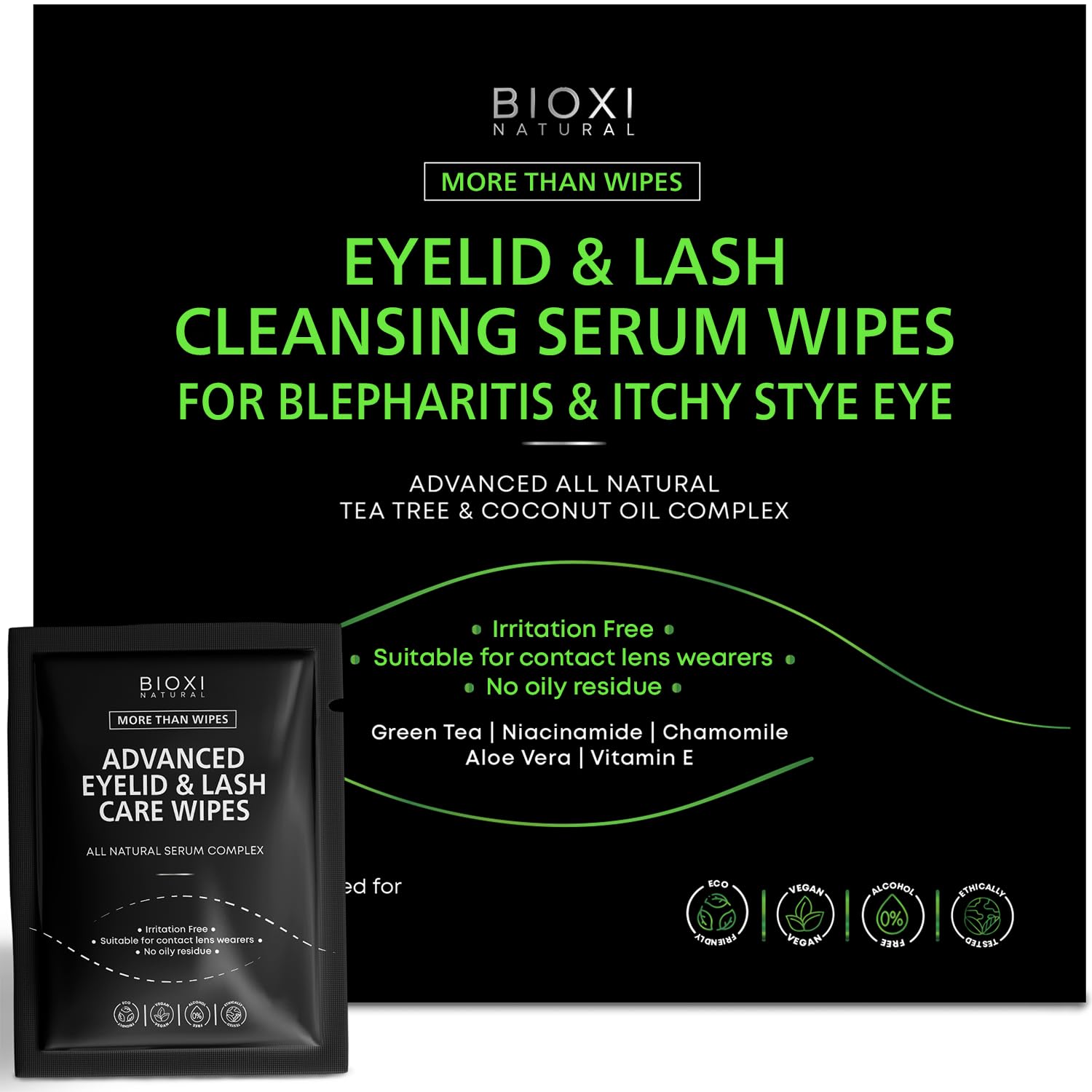 Eyelid & Lash Cleansing Serum 60 Wipes for Itchy Stye Eye - Gentle Eye Area Cleansing - Advanced Natural Korean Formula with Tea Tree, Coconut Oil, Green Tea, Chamomile, Aloe Vera, Vitamin E