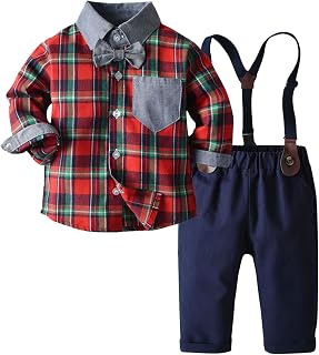 Jogging Pants Set Toddler Boy Clothes Baby Boy Clothes Baby Plaid Shirt Suspender Pants Christmas Toddler Boy