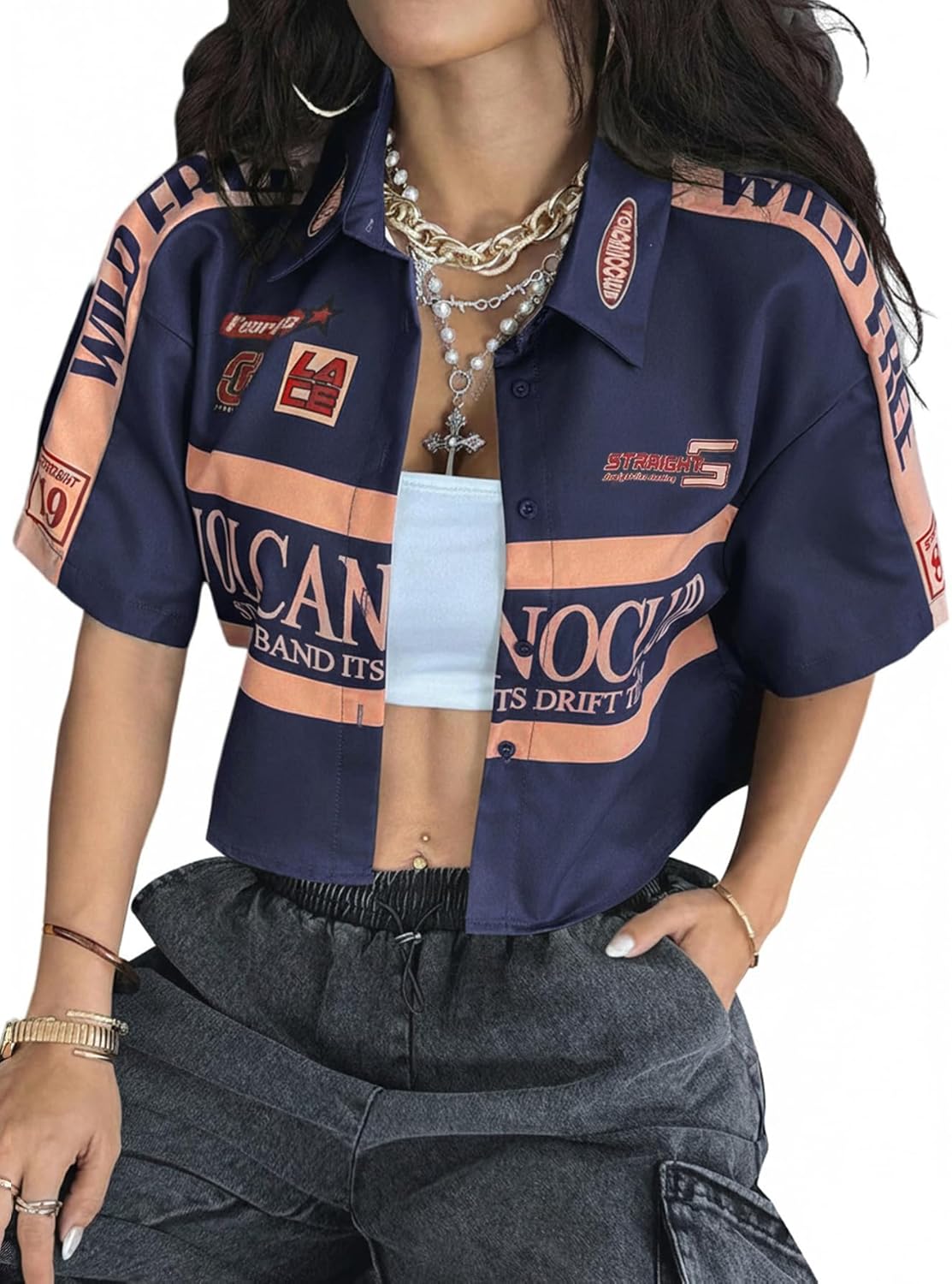 SOLY HUX Women's Summer Button Down Vintage Shirt Short Sleeve Graphic Crop Tops Motorcycle Blouse - Image 6