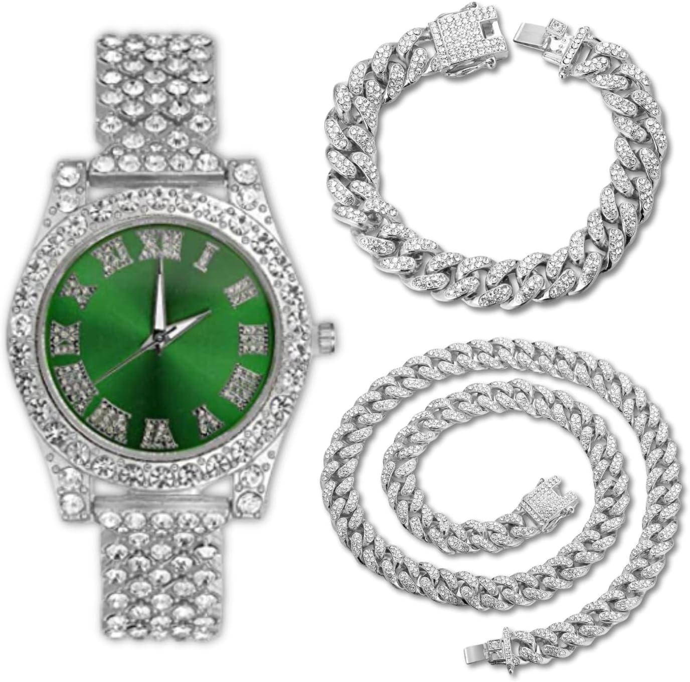 Gold Diamond Watch for Teen Boys - 37mm Roman Numerals Round Dial in Three Colors - 18K Real Gold/Platinum Plated 8" Strap - Includes Giftbox, Can Paired with Cuban Chain