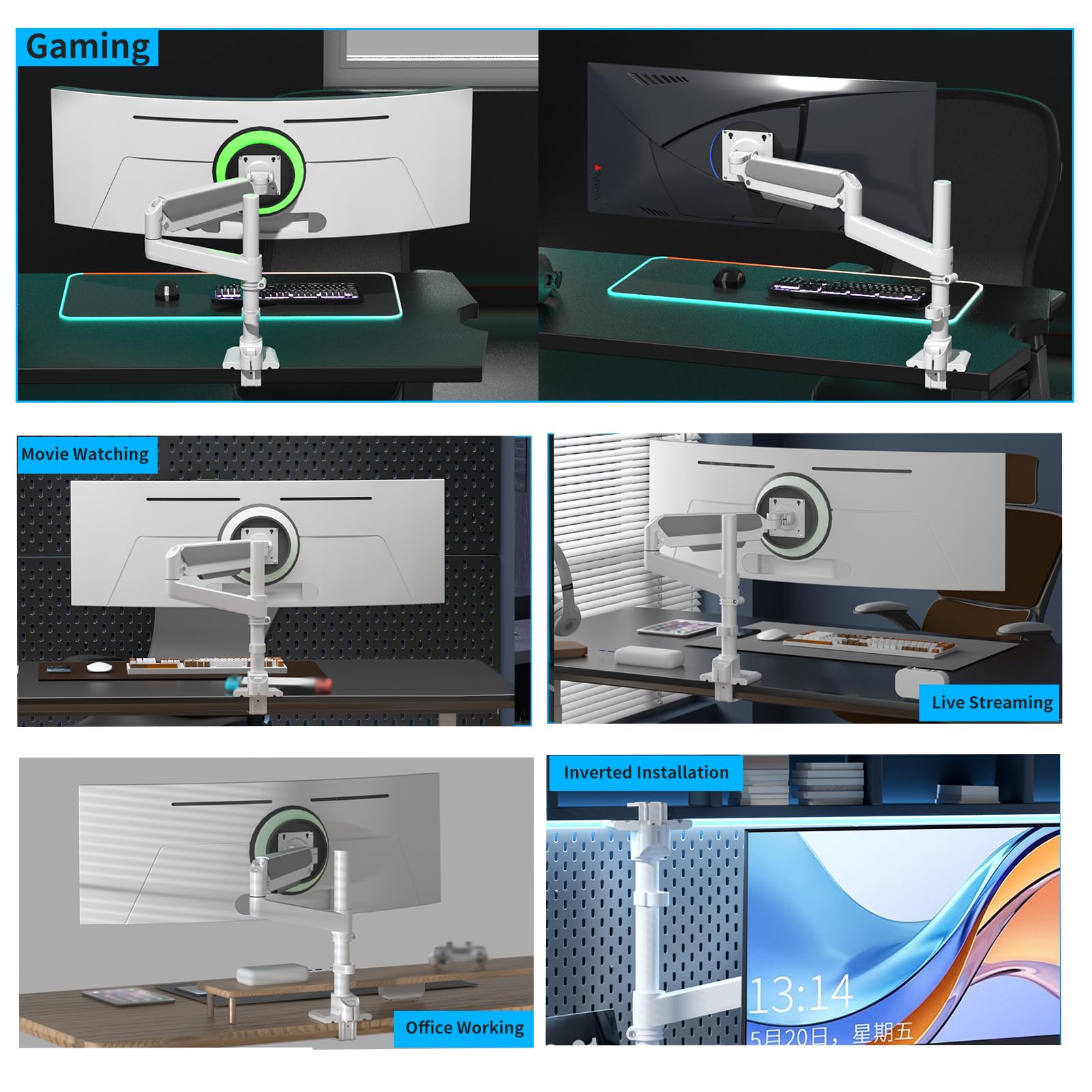 Braccio Monitor Bianco per Schermi Ultralargo da 17 a 60 Pollici,Supporta 20 kg, Supporto Monitor a Molla a Gas Regolabile in Altezza Con Asta, Ergonomia Rotazione VESA 75x75/100x100mm