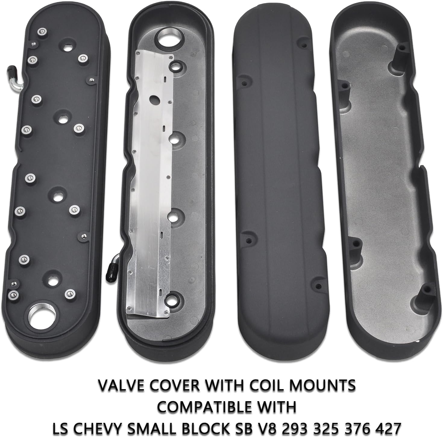 Cast Aluminum Valve Covers with Coil Mounts Compatible with LS Chevy Small Block SB V8 293 325 376 427 - Black