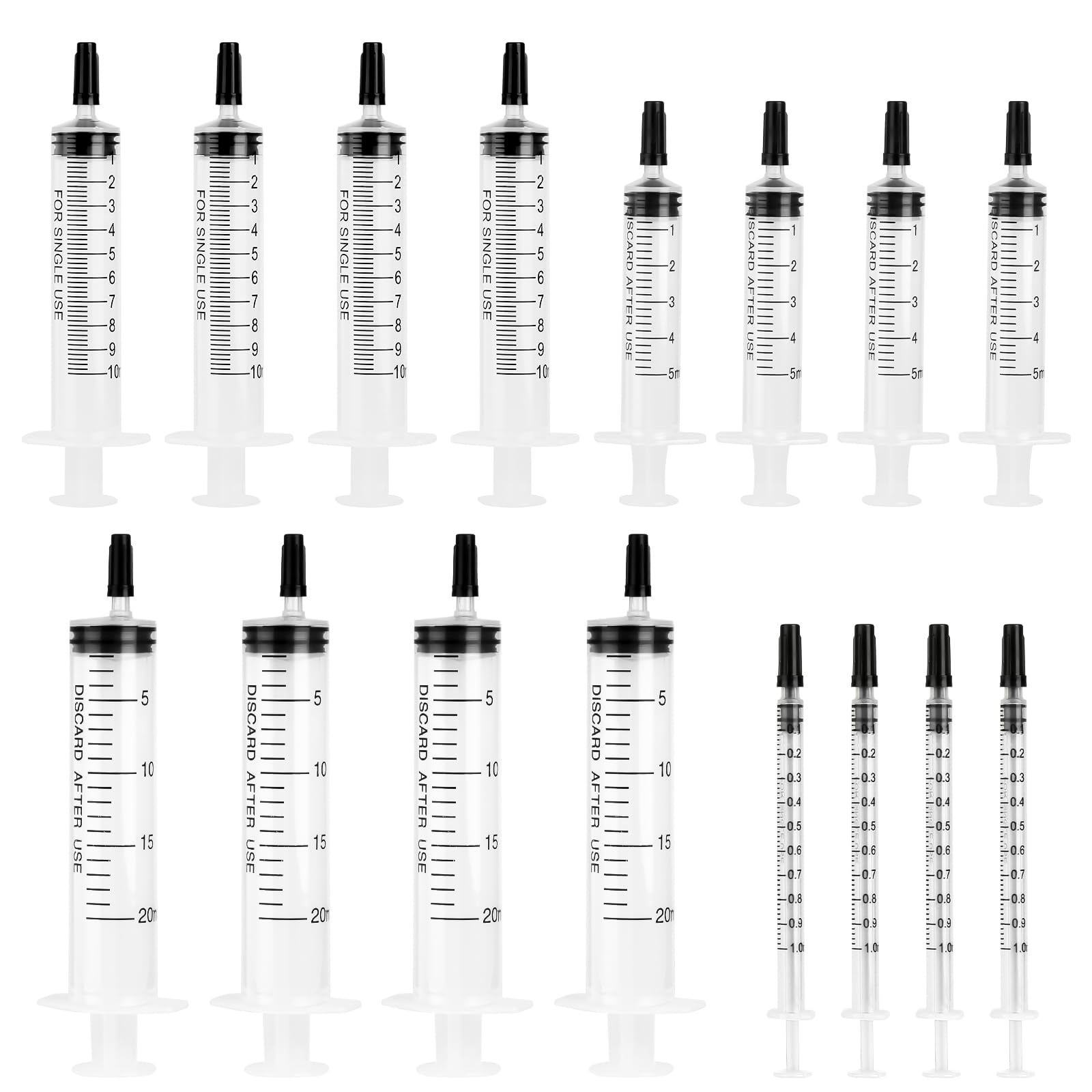 Strzykawki, 16 sztuk strzykawek z tworzywa sztucznego z czarną wtyczką, strzykawki 20 ml/10 ml/5 ml/1 ml, jednorazowe strzykawki do laboratorium, do karmienia zwierząt, oddzielania płynów,