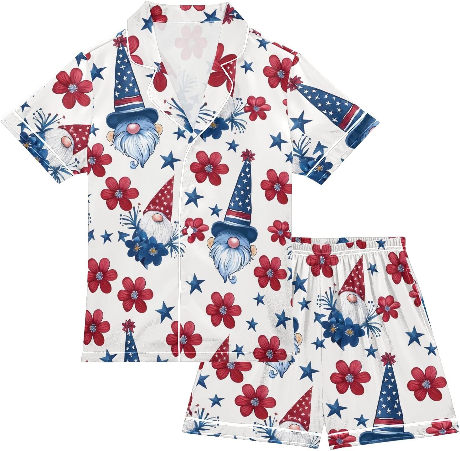 Kids Satin Wear Set Gnome Red Flower Five-pointed Star Pattern Relaxed Fit Clothing Short Sleeve and Shorts