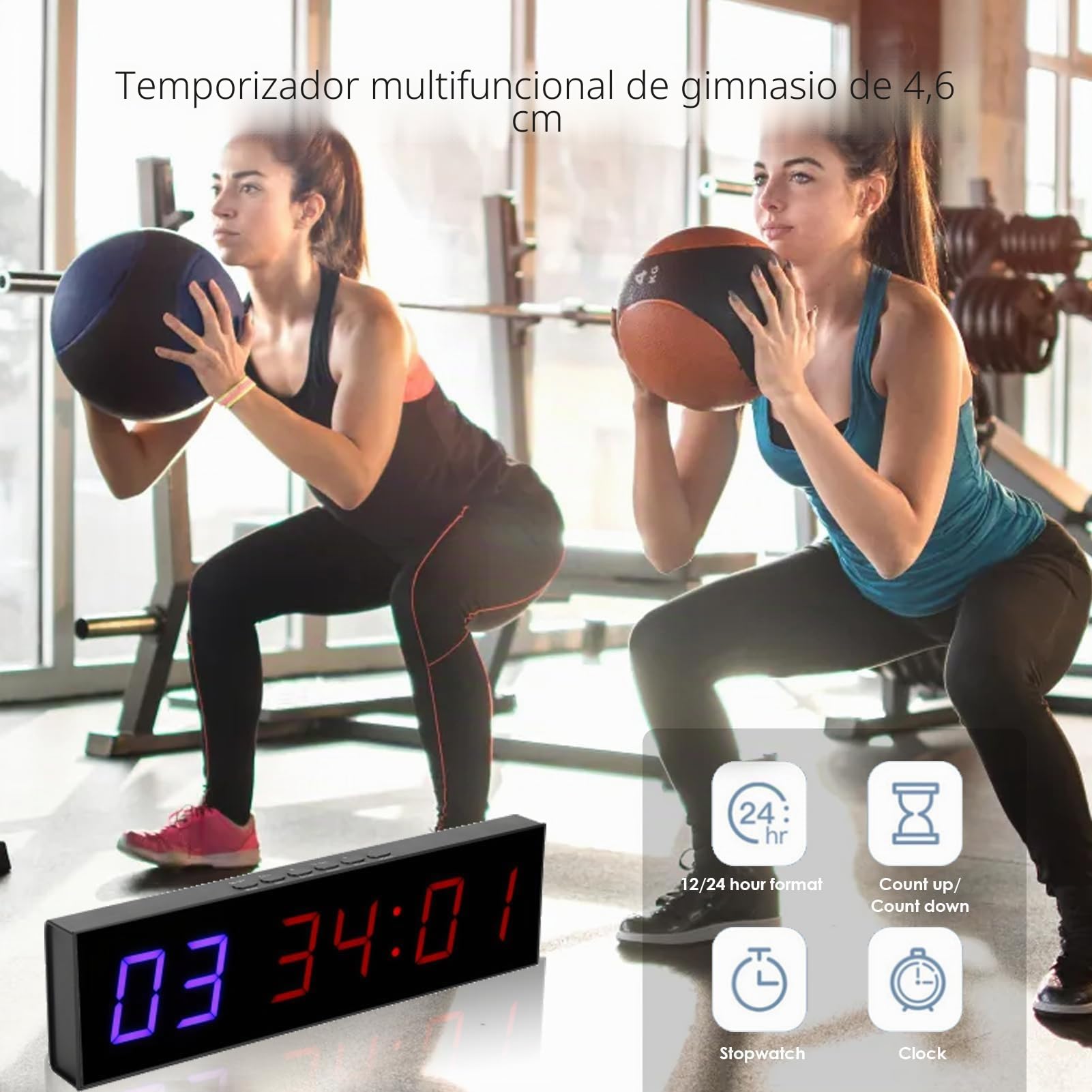 Temporizador de Gimnasio Reloj Pared Digital LED 1.8 Pulgadas Cronómetro Cuenta Regresiva Ascendente Temporizador Intervalos 12/24H Montaje Mando Remoto EU Enchufe(EU Plug)