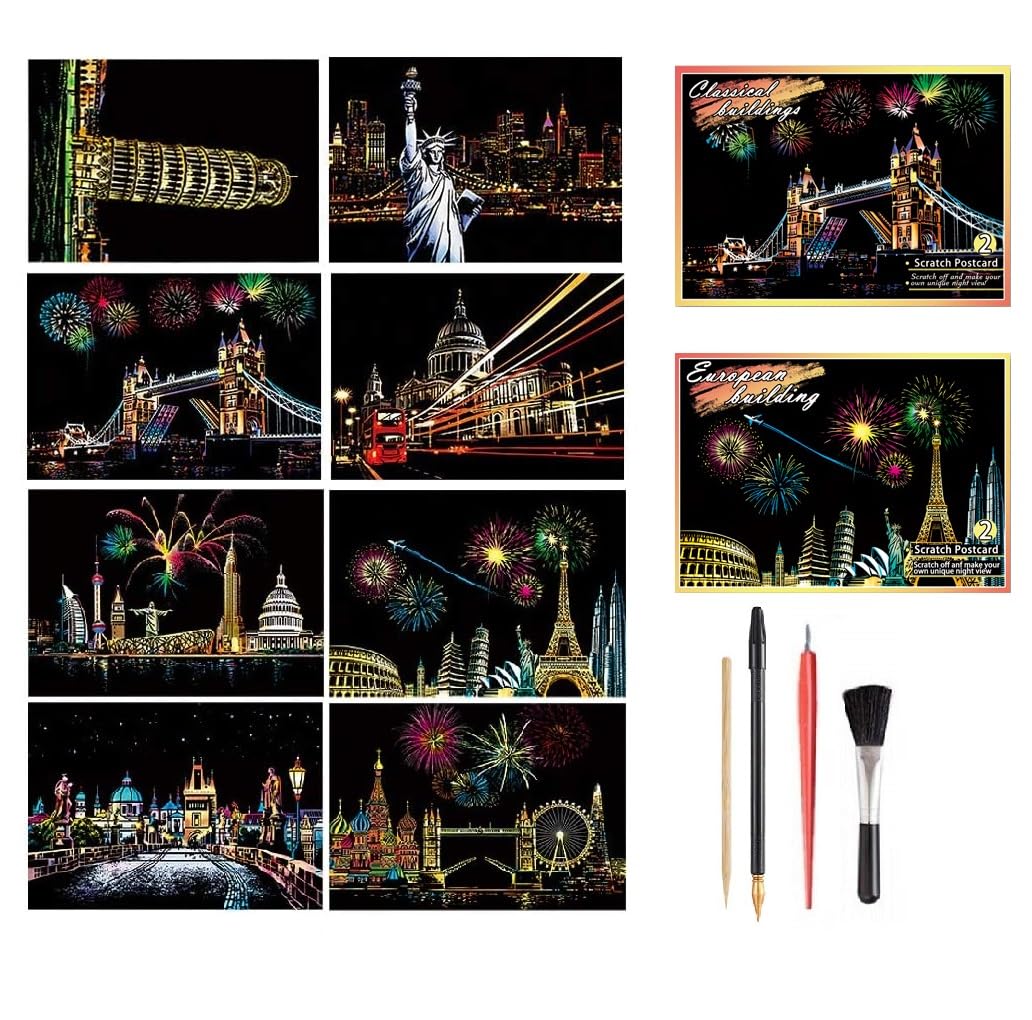 8枚入り スクラッチアート はがきタイプ 削るだけで美しいアート 面白い塗り絵 桜 花火 世界の夜景 有名な観光地 DIY 手作り 虹絵 スクラッチ極細ペン付き プレゼント 部屋飾り 20*14cm (世界有名な観光地 8枚入)
