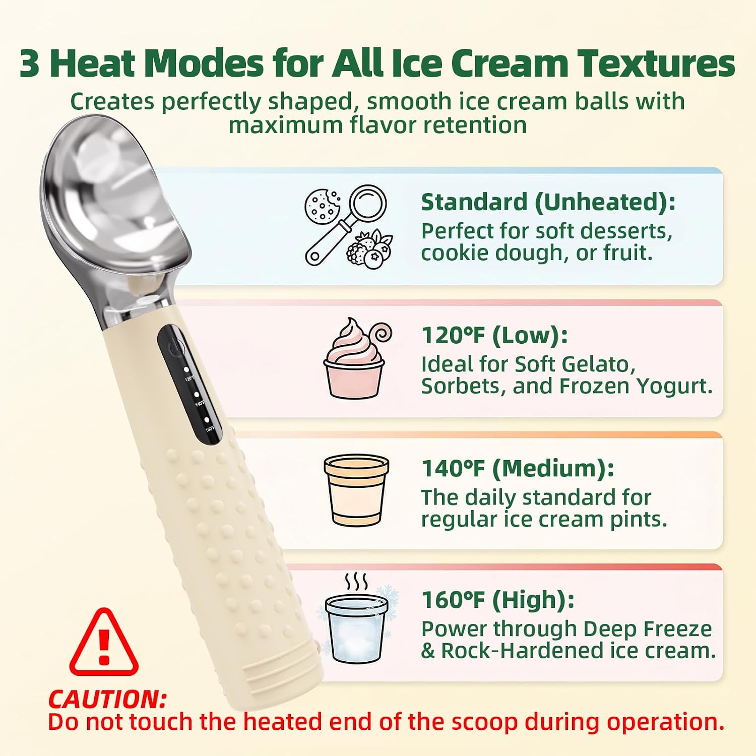Heated Ice Cream Scoop: Rechargeable Electric Scooper with 3 Temperature Settings - 120/140/160 °F, LED Display & 2600 mAh Capacity for Hardened Gelato and Frozen Treats