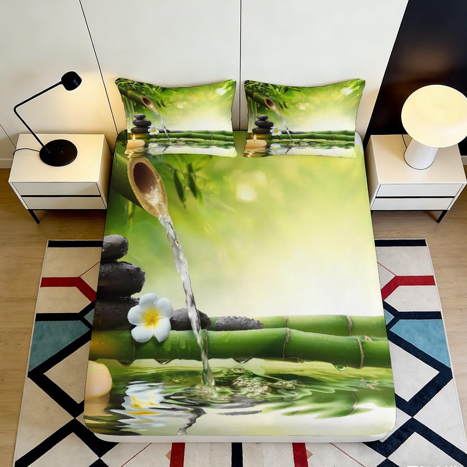 3D Printed Bamboo Waterfall Fitted Sheet Microfiber Soft Breathable Zen Stones Bed Cover for Bedroom Dormitory Guest Room Mattress Protection 90x200x25cm