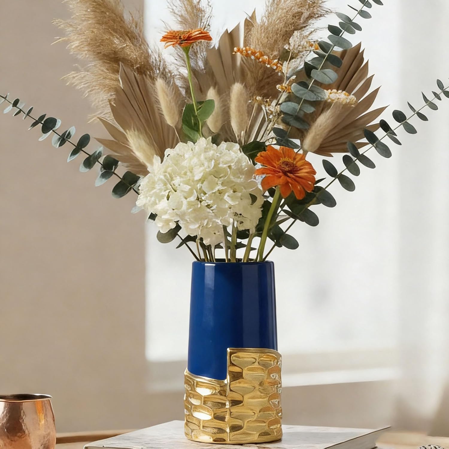 Navy Blue Gold Ceramic Art Deco Vase for Pampas Grass Decorative-Decorative Statue for Home Decor,Elegant Centerpiece Vase for Thanksgiving/Fall Flowers,Cute MCM for Living Room/Office
