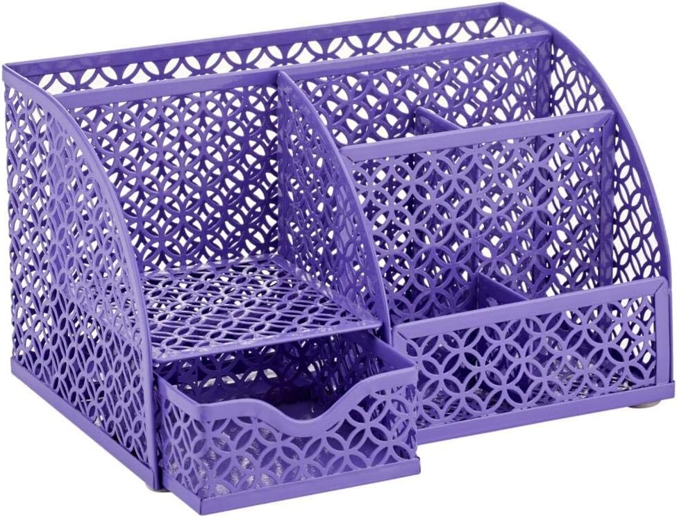 Annova Mesh Desk Organizer Office with 7 Compartments + Drawer/Desk Tidy Candy/Pen Holder/Multifunctional Organizer (Purple) : Office Products
