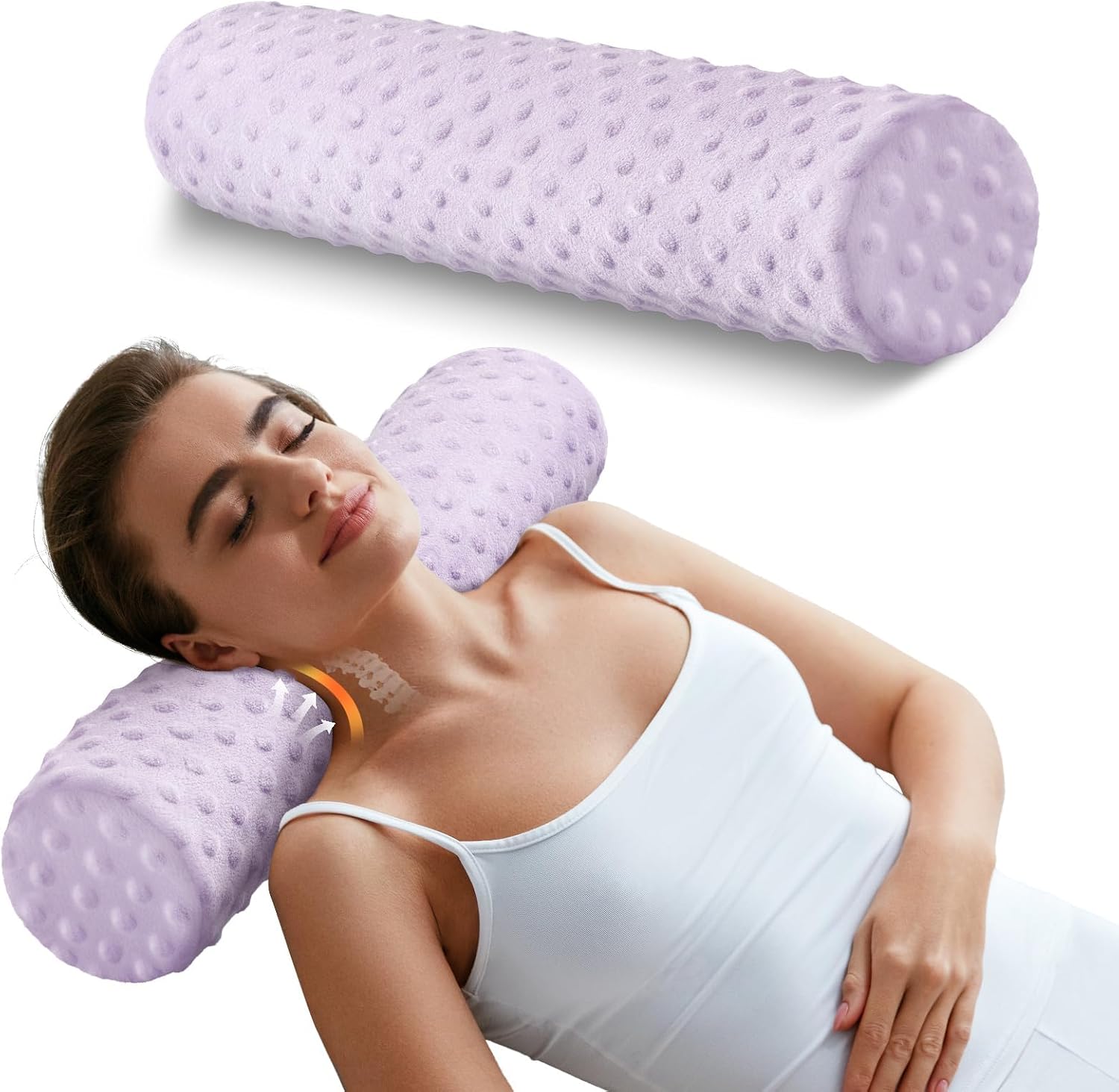Memory Foam 4" Round Pillow, Cervical Neck Pillow for Pain Relief, Cylinder Pillows 18"x 4", Removable Cover, Neck Roll Pillow for Sleeping, Velvet Dots, Purple