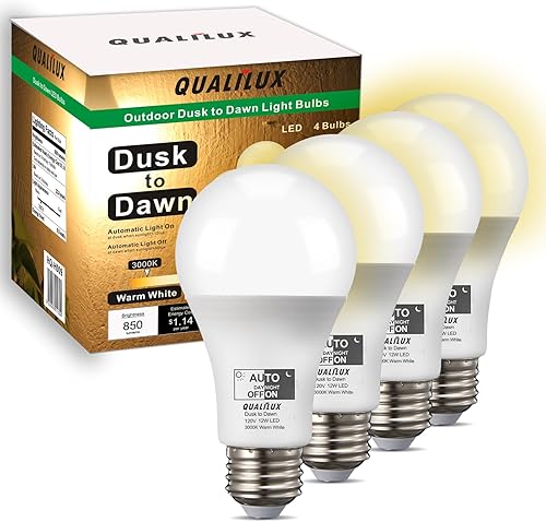 Qualilux Dusk to Dawn LED Light Bulbs Outdoor, Automatic On/Off, 60W Equivalent, Warm White 3000K, Energy Efficient 9.5W, 850 Lumen, A19, E26 Base, 4-Pack, HQ-H009