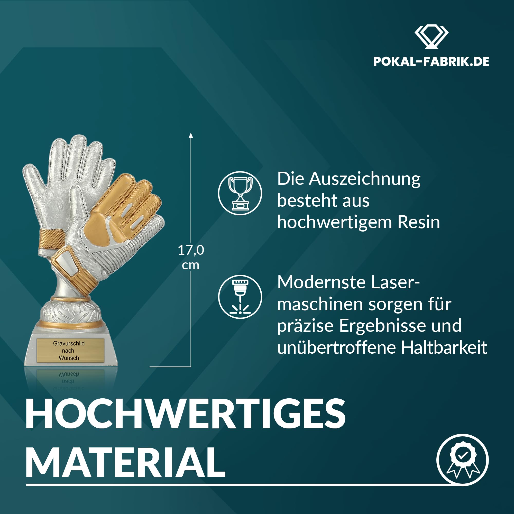 Pokal-Fabrik - Torwart-Handschuhe Fussball Pokal mit Gravur Wunschtext - Gold/Silber Trophäe 17 cm – personalisierte Auszeichnung für Fußball WM, Sport Events & Wanderpokal