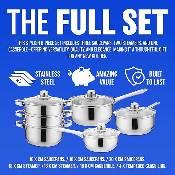 6Pc Stainless Steel Cookware Set - Includes 3 Steamers & 3 Saucepans with Ventilated Glass Lids | Mirror Polished, Handles, Kitchenware | Strong Quality, Long Lasting & Durable