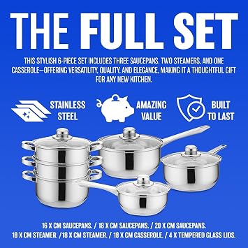 6Pc Stainless Steel Cookware Set - Includes 3 Steamers & 3 Saucepans with Ventilated Glass Lids | Mirror Polished, Handles, Kitchenware | Strong Quality, Long Lasting & Durable