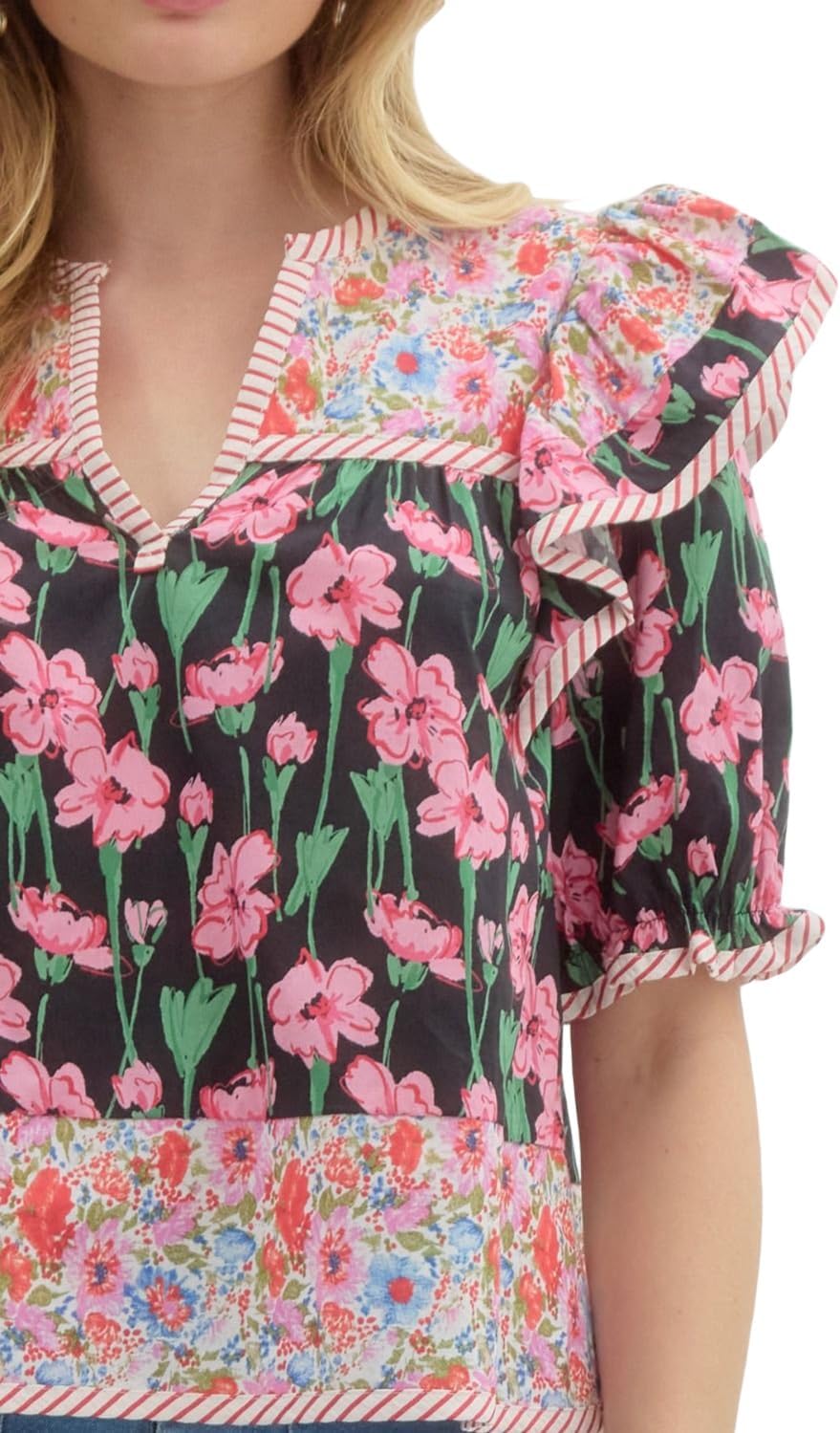 Women Boho Short Sleeve Shirt Ruffle Sleeve V Neck Blouse Top Cute Floral Printed Loose Peplum Babydoll Tops - Image 4