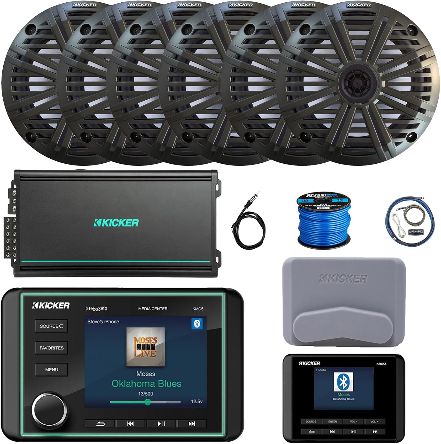 Kicker KMC5 3.5" LCD Display Marine Bluetooth USB/AUX WB AM/FM Gauge Style Receiver W/Digital Controller, 6X 6.5 195W Max Coaxial Speakers W/Charcoal Grille, 6-Channel Amplifier W/Kit, Antenna, Wire