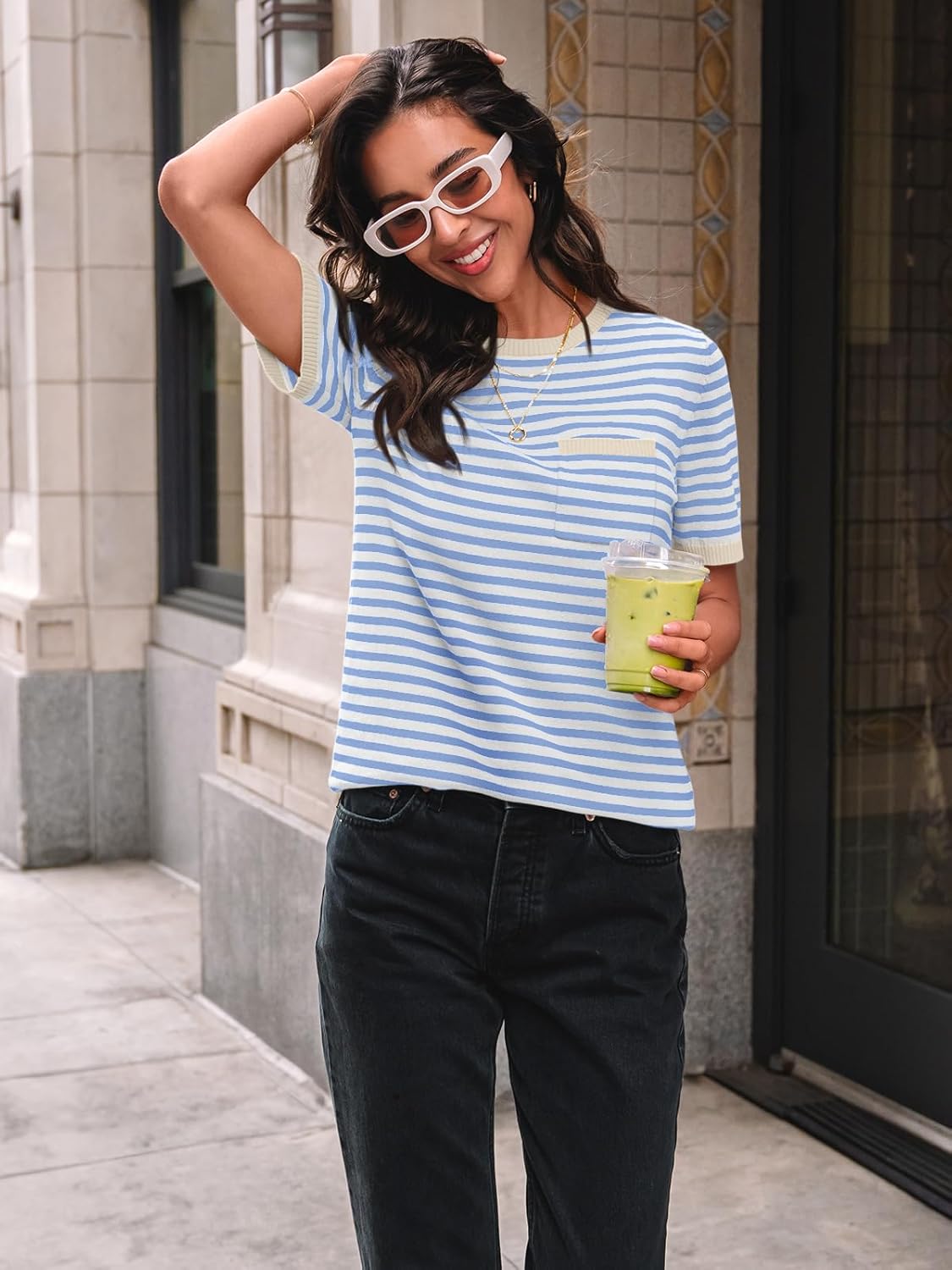 LILLUSORY Womens Striped Short Sleeve Sweater Pullover Shirts with Chest Pocket - Image 2