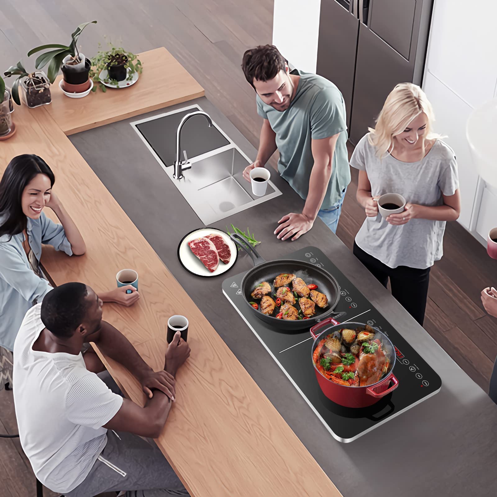 Induktionskochfeld, Aobosi Doppel Induktionskochplatte tragbares Kochfeld mit Warmhaltefunktion, 10 Temperaturstufen und 6 Leistungsstufen, Timer, Max & Min-Taste, 3500Watt, Sensor-Touch-Steuerung