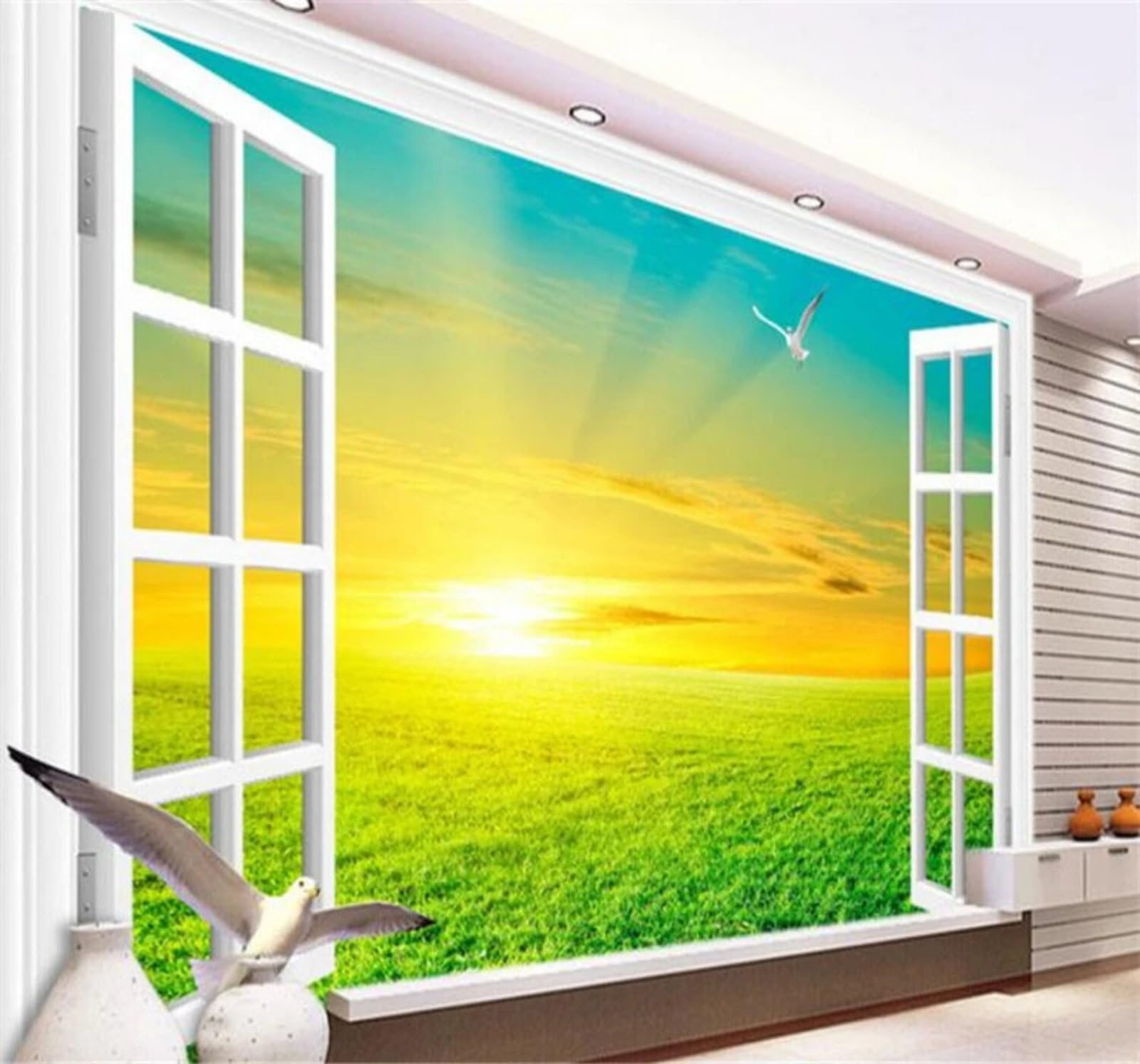 XLMING Window Beautiful Sunrise Grassland Scenery 3D Wallpaper Luxury Silk Study Dining Feature Sofa Grey Bedroom Living Room Tv Decorative Wall-300cm×210cm