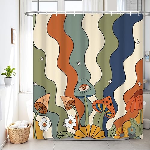 Miniatura 10 de Renaiss Juego de cortinas de ducha de 72 x 72 pulgadas, diseño de hongos bohemios, retro de los años 70, flores naranjas, flores, divertidos,