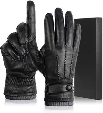 Winter Genuine Sheepskin Leather Gloves for Men, Warm Cashmere Lined Black Leather Touchscreen Motorcycle Gloves