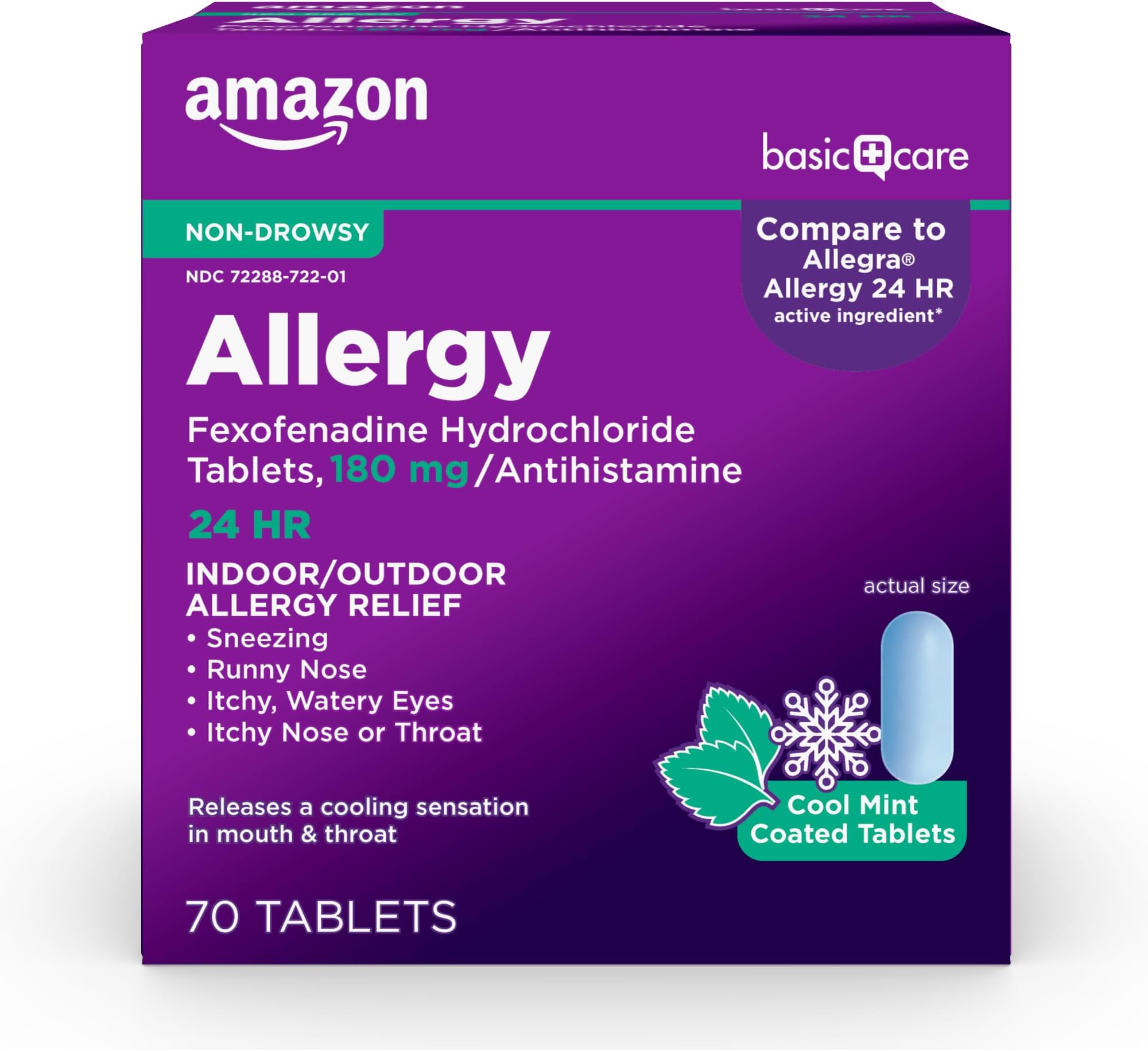 All Day Allergy Relief, Fexofenadine Hydrochloride, 180 mg, Antihistamine, Non-Drowsy, 24-Hour Relief, Cool Mint Coated Tablets, 70 Count
