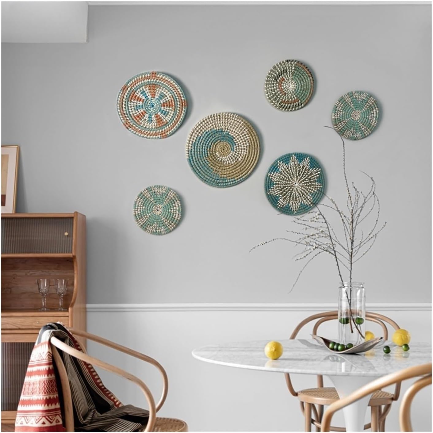 Wall Basket Decor Boho Set of 5 - Hanging Woven Wall Baskets - Wicker Wall Décor - Handmade Woven Wall Baskets - Wicker Basket Wall Art - Natural Seagrass - Coastal Decor for Home, 12x12