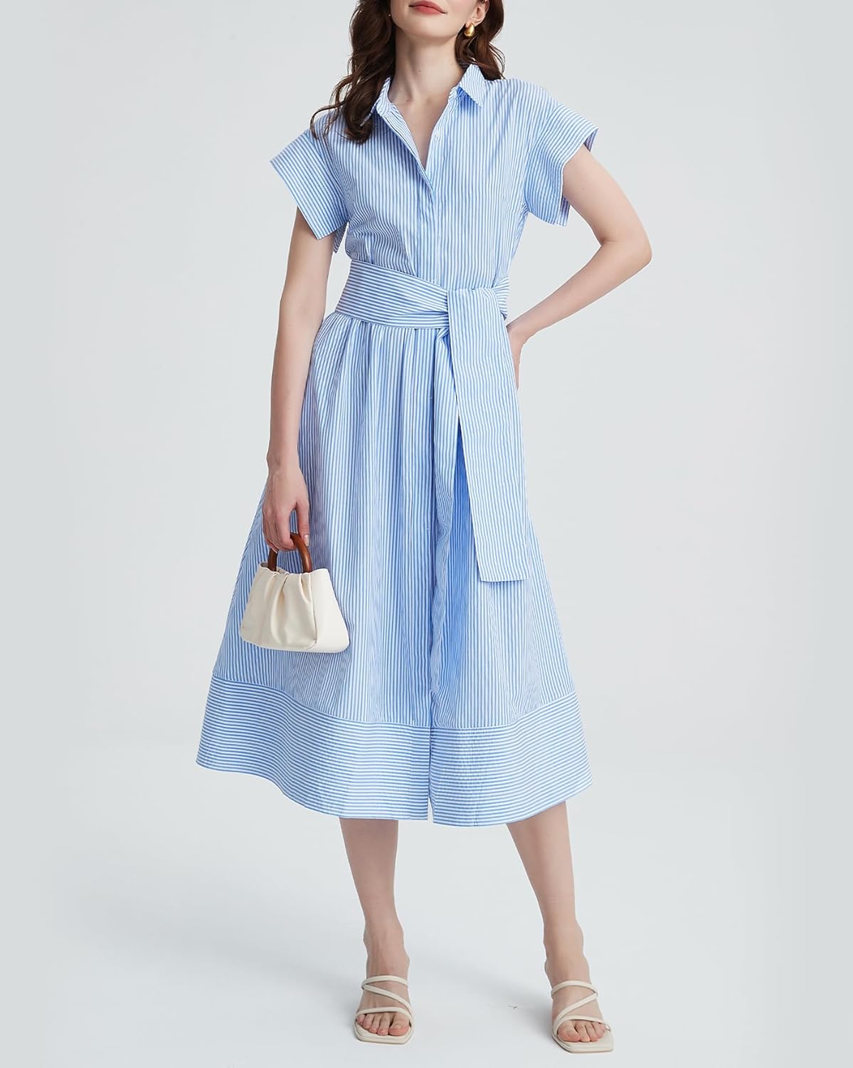 Women's Striped Belted Shirt Midi Dress Casual Short Sleeve Button Down Lapel V Neck A Line Long Dress - Image 6