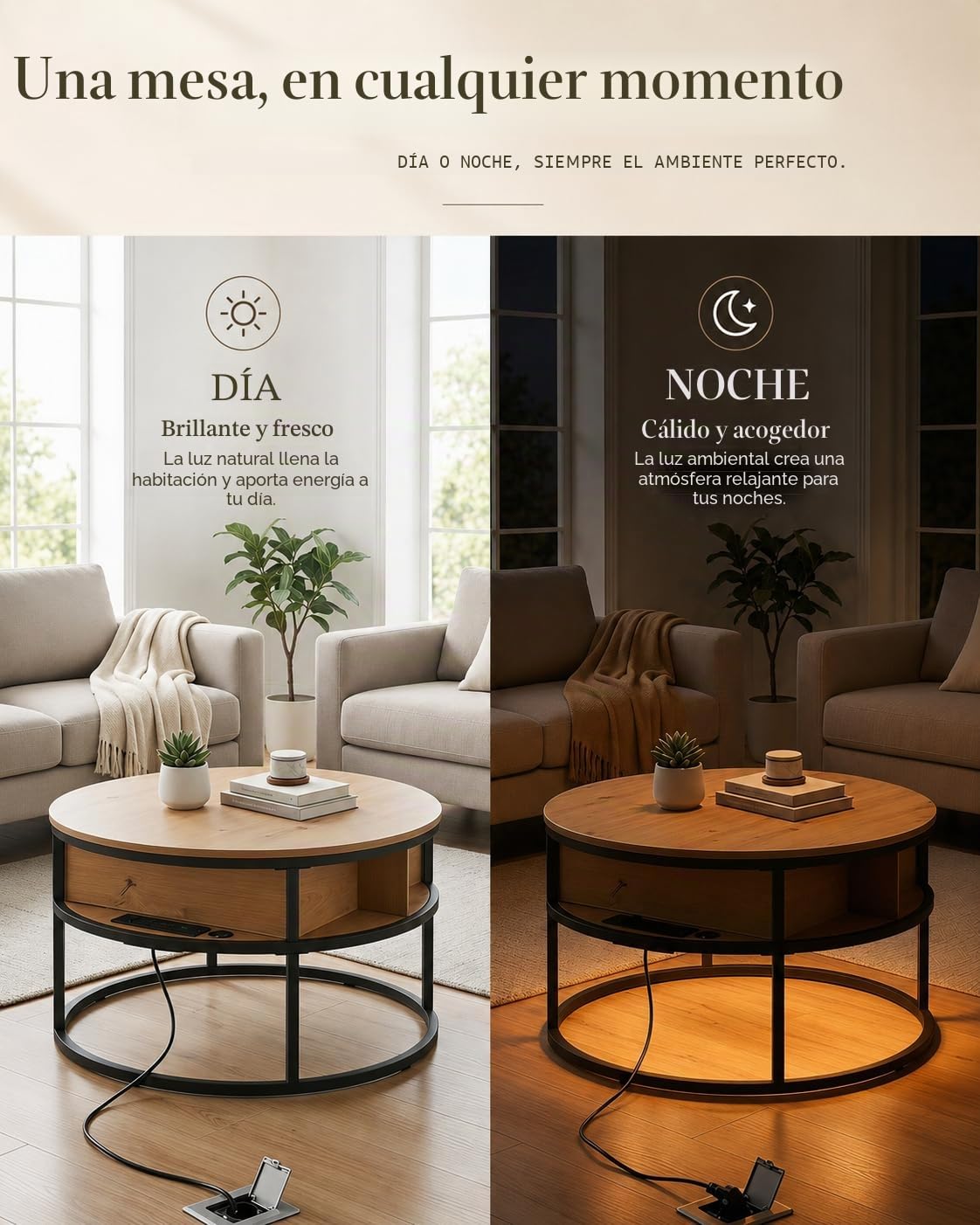 Mesa de Centro Elevable, Mesa de Centro Madera 80 x 80 x 48 cm, Mesa Elevable con Puertos USB y Tipo C, Luz LED y Compartimento Oculto, Mesa Auxiliar Sofa con Almacenamiento, Mesa Redonda
