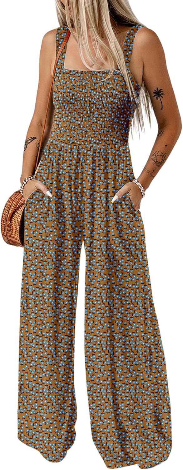 Happy Sailed Jumpsuits for Women Summer Casual Floral Print Sleeveless Jumpsuit High Waist Wide Leg Pant Rompers with Pockets