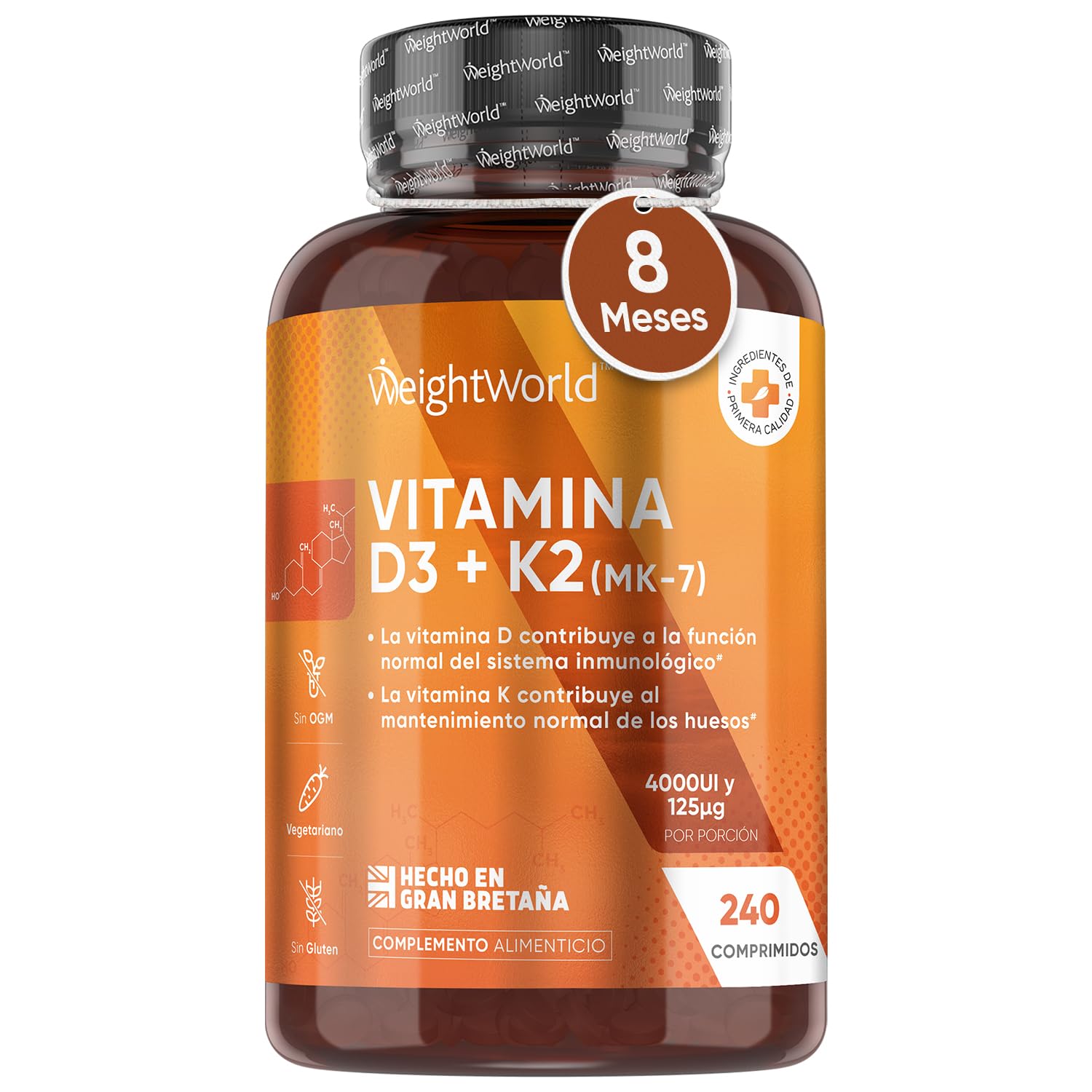 Vitamina D3 y K2 4000 UI - 240 Comprimidos - 8 Meses de Suministro | Contribuye a la Función Normal del Sistema Inmune, Huesos y Músculos - Alta Biodisponibilidad de MK7 - Apto para Vegetarianos