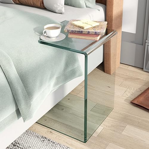 Miniatura 2 de Mesa auxiliar de cristal delgada mesa auxiliar para sofá mesa auxiliar en forma de C para sala de estar y espacios pequeños