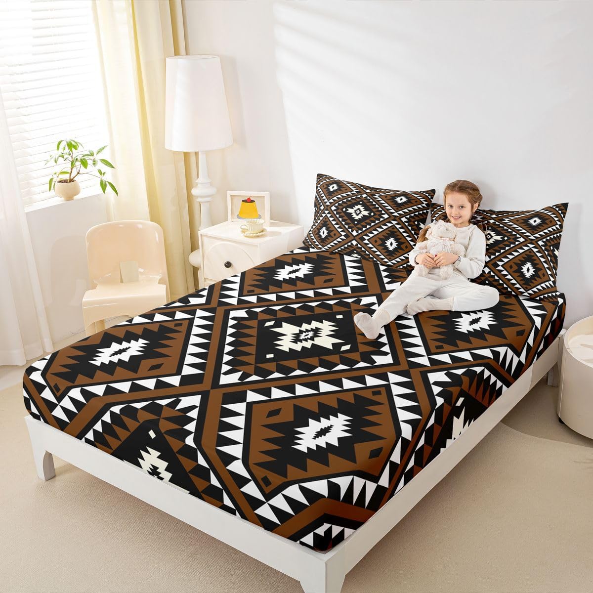 Rustic Western Queen Bed Sheets For Men,Southwestern Aztec Sheet Set Bohemian Bedding Set Ethnic Mexican Style Geometric Diamond Farmhouse Fitted Sheet Brown Black White Flat Sheet 2 Pillow Cases