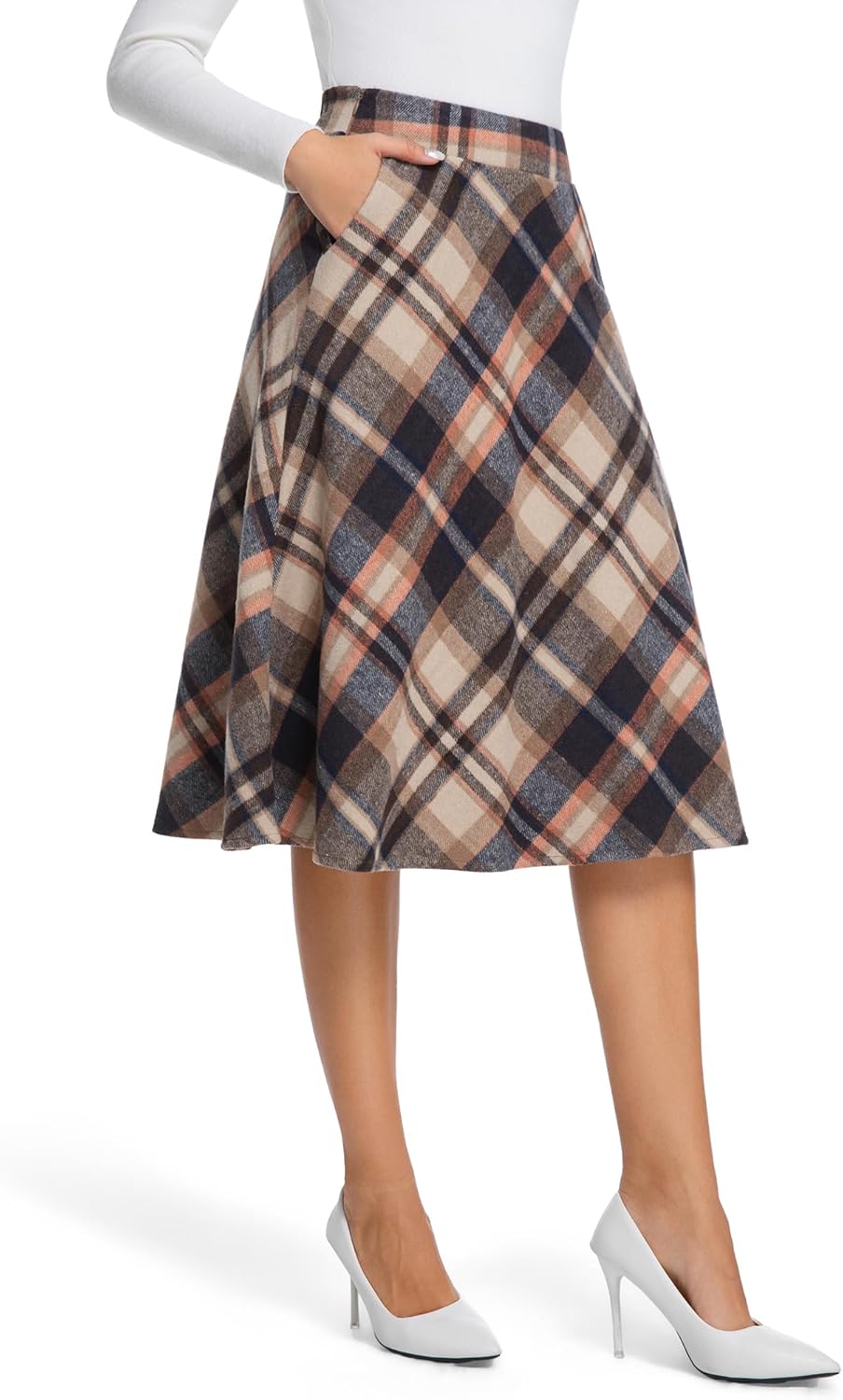 IDEALSANXUN Plaid Skirts for Womens Fall Winter High Waist Aline Pleated Midi Skirts