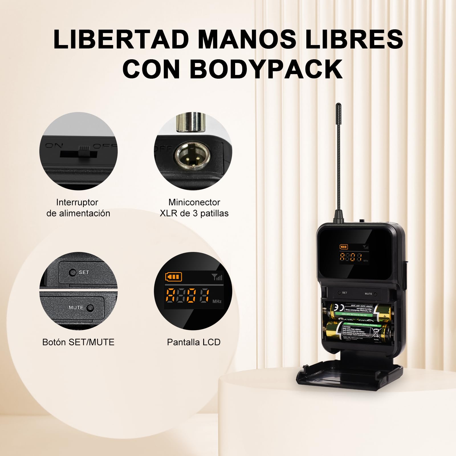 MELONARE Sistema de micrófono inalámbrico UHF Compacto MWM-41-4B | 4 micrófonos de diadema/solapa, 4 x 10 frecuencias, alcance de 60 m, manos libres para voz, iglesia, conferencia