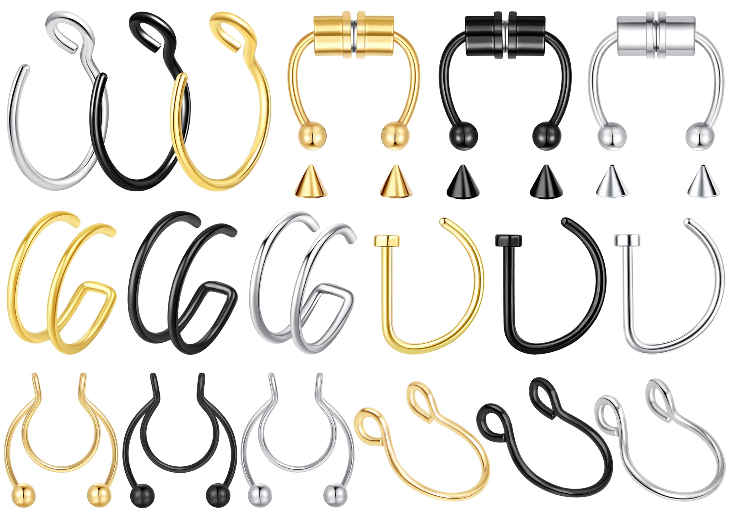 5-18 Pcs Nose Rings Hoops Fake Nose Ring Fake Septum Fake Lip Rings Fake Septum Piercing Fake Nose Piercing Fake Nose Hoop Double Hoop Nose Ring Fake Double Nose Ring Nose Cuffs Faux Nose Rings Clip On Cartilage Hoop Earring