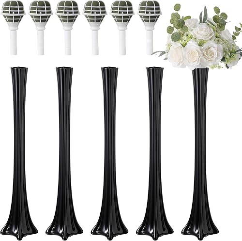 Irenare 4 Pcs 20'' Eiffel Tower Vases with 6 Floral Bouquet Holders, Black | Glass Floral Container with Foam Bridal Bouquet Handle, Flower Centerpiece, for Bridal Shower Wedding Home Arrangement Decor