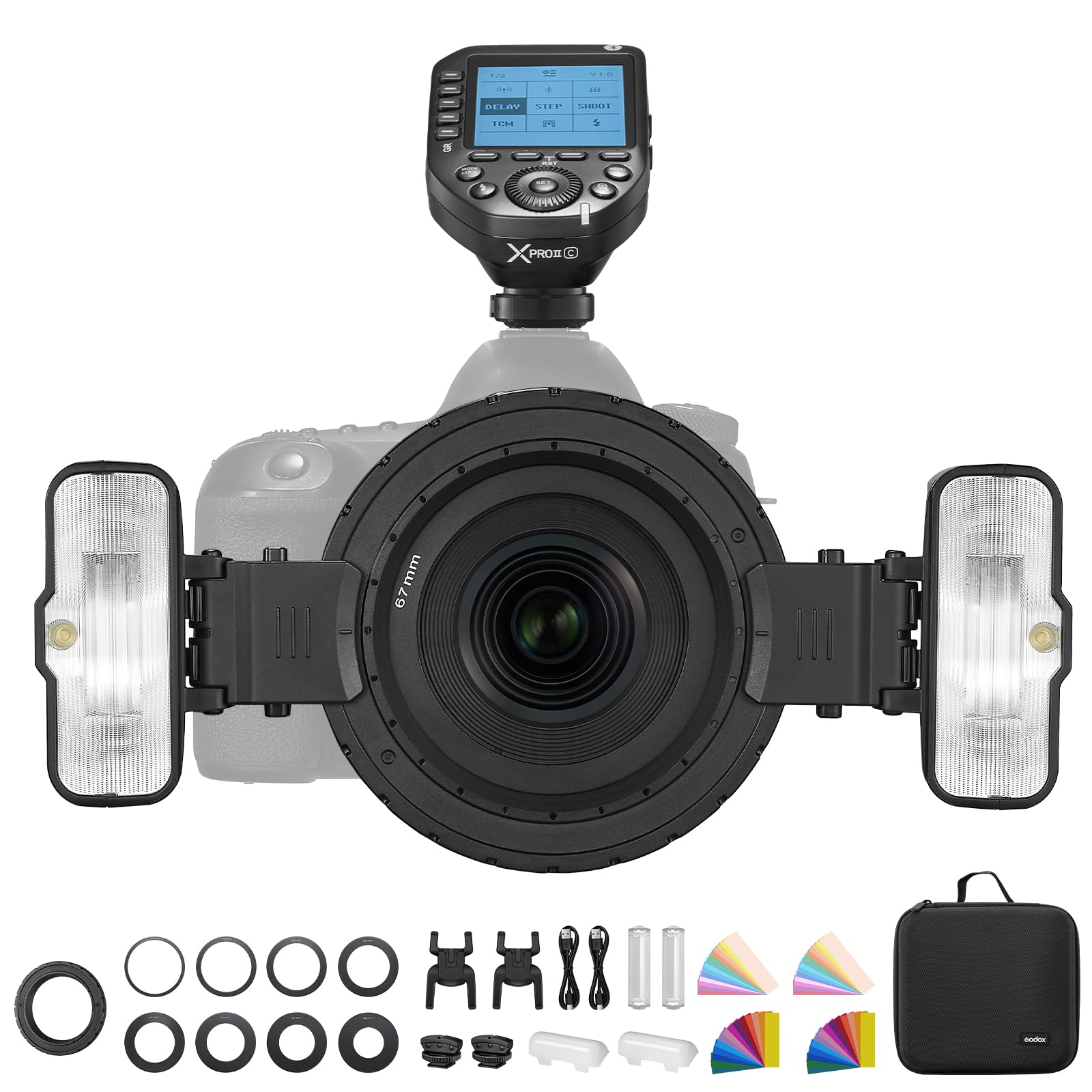 Godox 2x MF12 Compact Macro Flash with XproII Trigger for Canon Cameras, MF12-K2 2.4G 12W TTL Mini Flash 2-Light Kit with Built-in 3.7V/6.29W Battery,