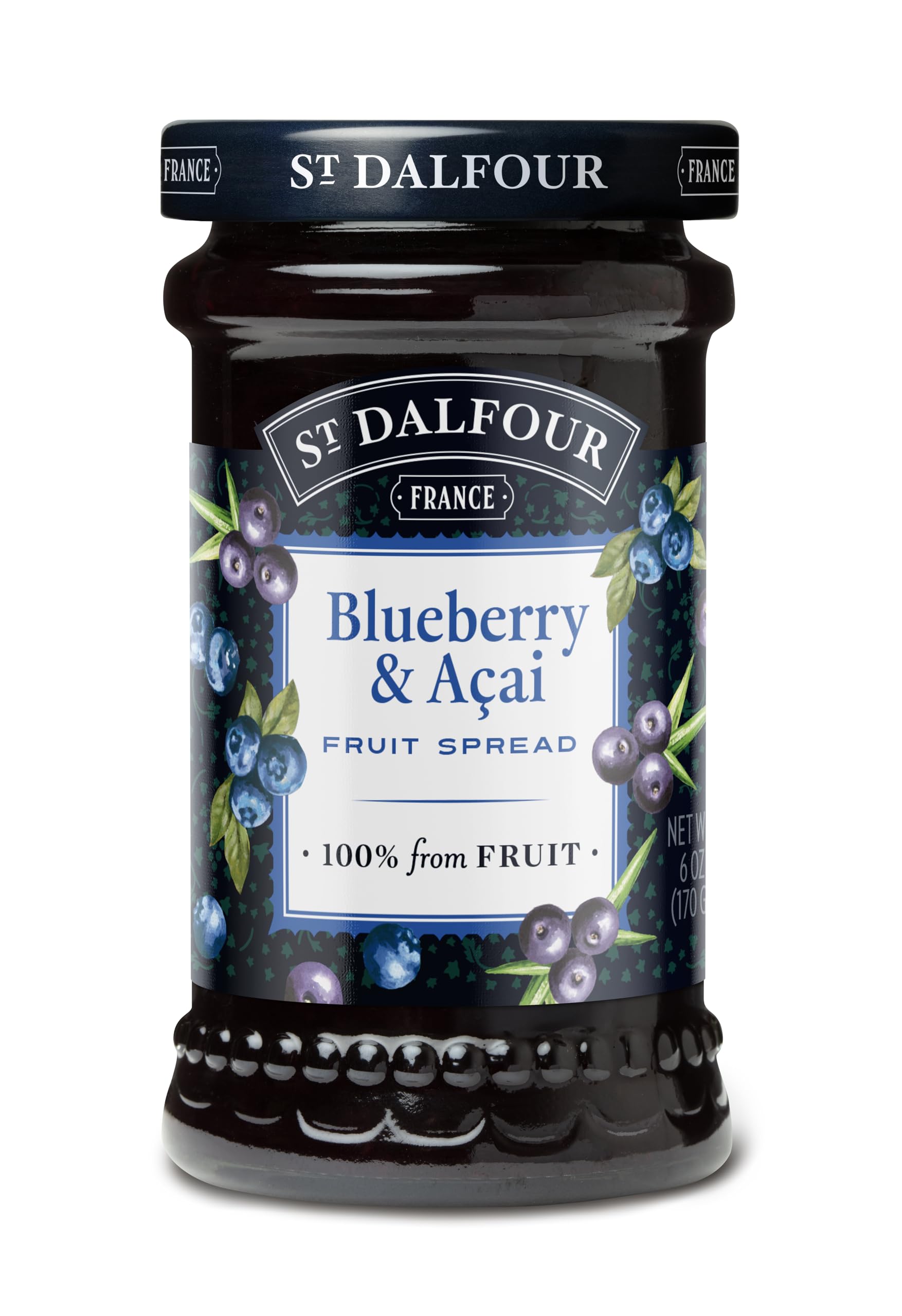 St. Dalfour Blueberry and Acai Fruit Spread – 170g Jar – No Added Sugar, All Natural, French Gourmet Preserve with Acai – Vegan & Gluten-Free - Bulk Pack 6 x 170g
