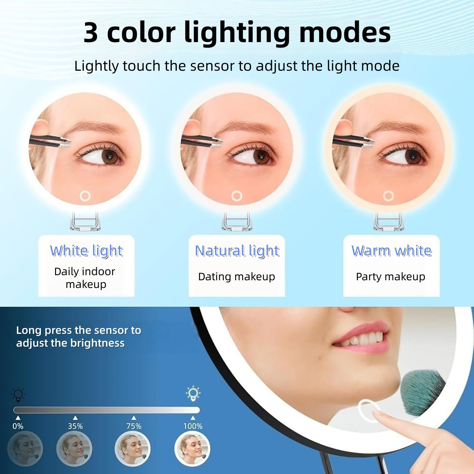 Espejo de aumento con ventosa de luz, espejo de maquillaje LED de primer plano, recargable de 6 pulgadas, 3 modos de color, atenuación de espejo de maquillaje iluminado, soporte de mesa de