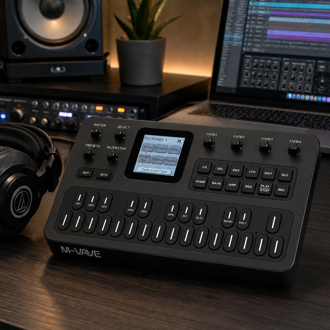 M-Vave FM1 - ​​Sintetizador FM portátil de 27 teclas con 128 presets, 32 algoritmos, 6 operadores, altavoz integrado, arpegiador, secuenciador de 16 pasos, USB-C, BLE MIDI y entrada MIDI