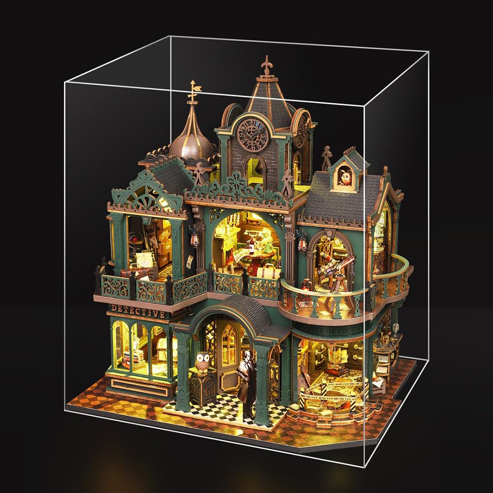 Kit de casa de muñecas de detective en miniatura, rompecabezas 3D de madera con luces LED, caja de música, estilo victoriano, idea creativa de habitación, el mejor regalo (con cubierta antipolvo)