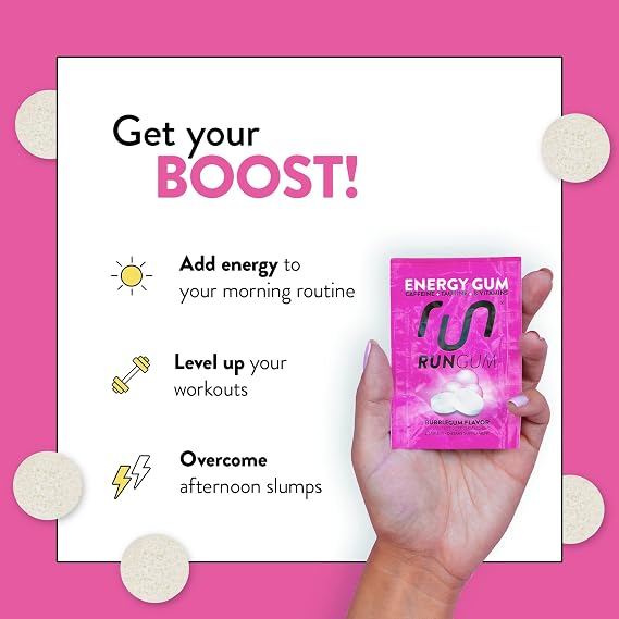 Run Gum Bubblegum Flavor Caffeinated Energy & Focus Gum, 50mg Caffeine per Piece, Sugar Free with Taurine & B-Vitamins, Fast-Acting Chewing Gum, 24 Pieces (12 Packs)